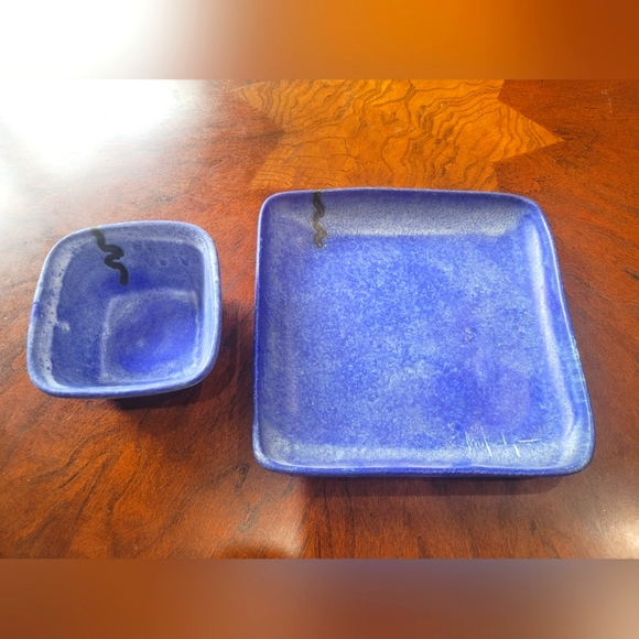 McCarty Pottery, Blue Square Plate and Bowl. - Picture 1 of 4